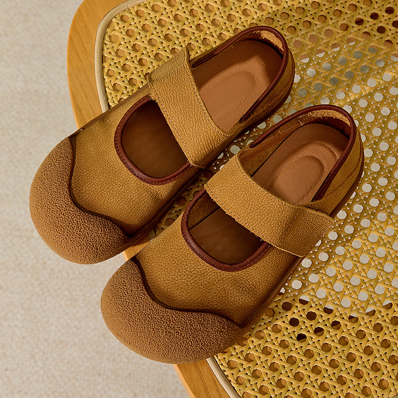 Soft Leather Mary Jane Shoes Rubber-toe Casual Flats with Velcro Strap in Yellow Brown