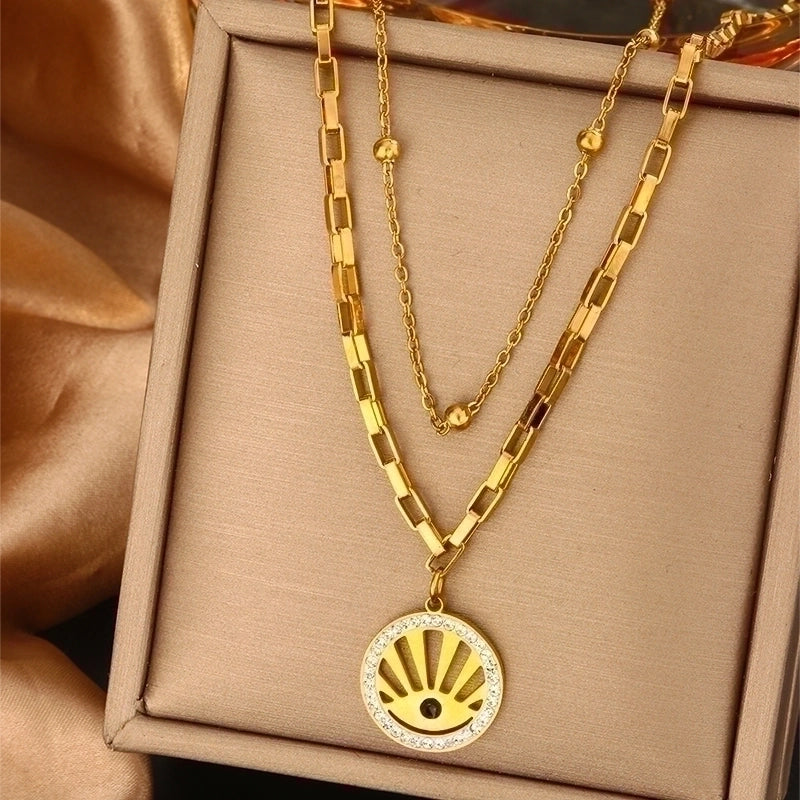 Vintage Style Commute Devil's Eye Heart Shape Lock 304 Stainless Steel Turquoise Rhinestones Pearl 18K Gold Plated Plating Inlay Layered Necklaces