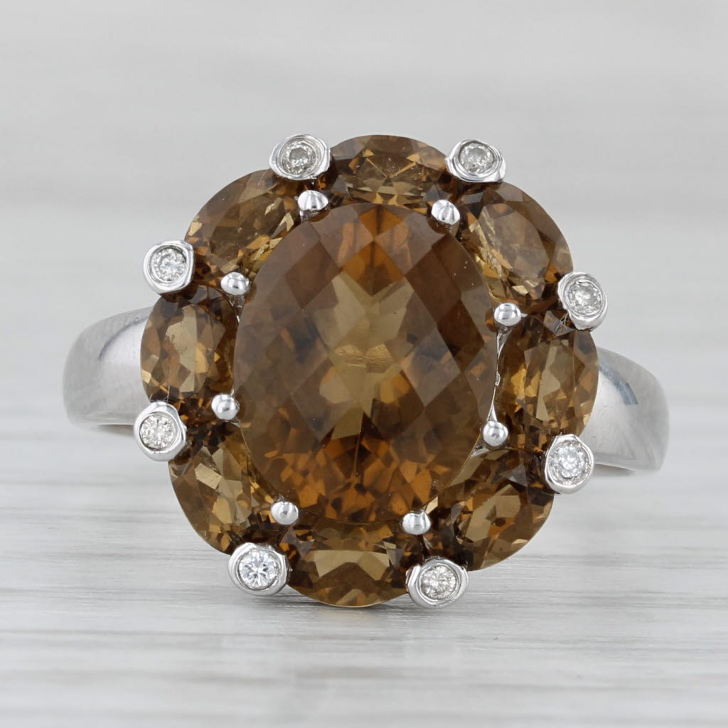 5.87ctw Brown Citrine Flower Diamond Ring 14k White Gold Cocktail Size 9.25