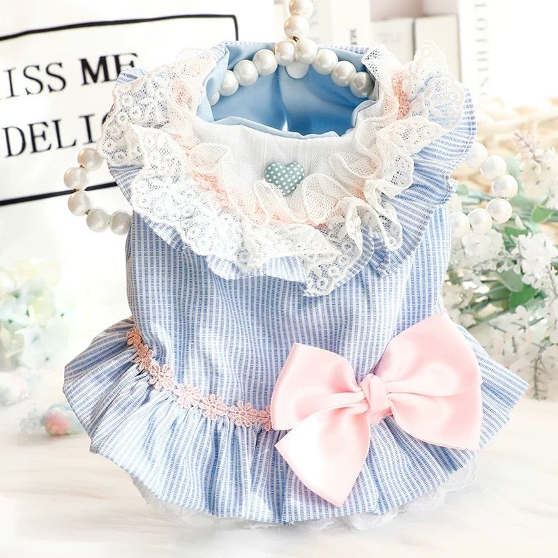 Sweet Lace Collar Striped Bow Dog Cat Dress