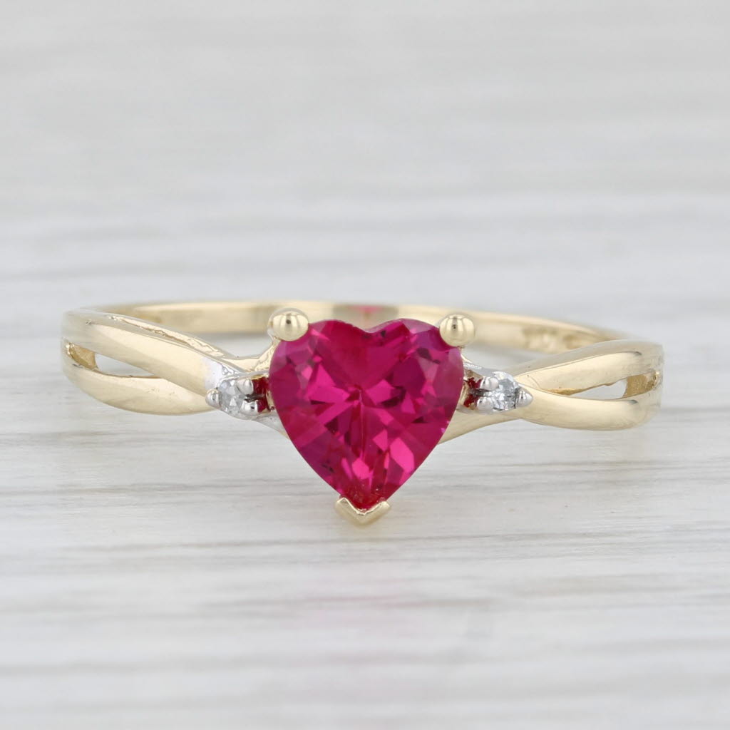 Lab Created Ruby Heart Diamond Ring 10k Yellow Gold Size 7.25