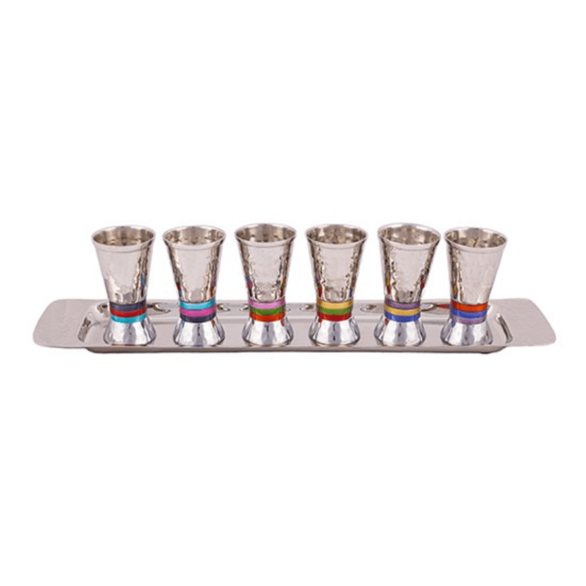 6 Small Hammered Rings Kiddush Cups + Tray - Multicolor