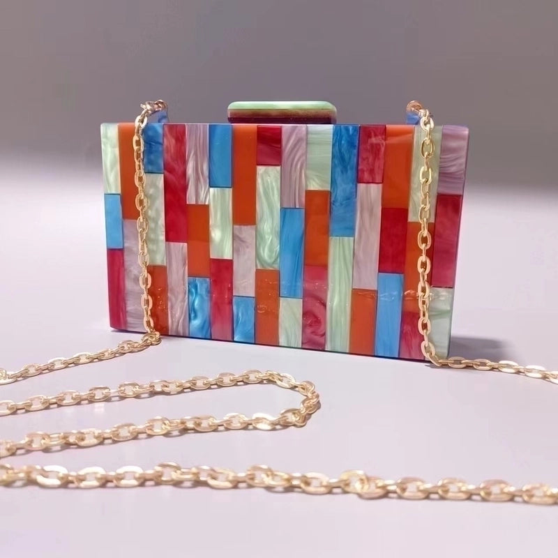 Rose Red Blue Arylic Color Block Evening Bags