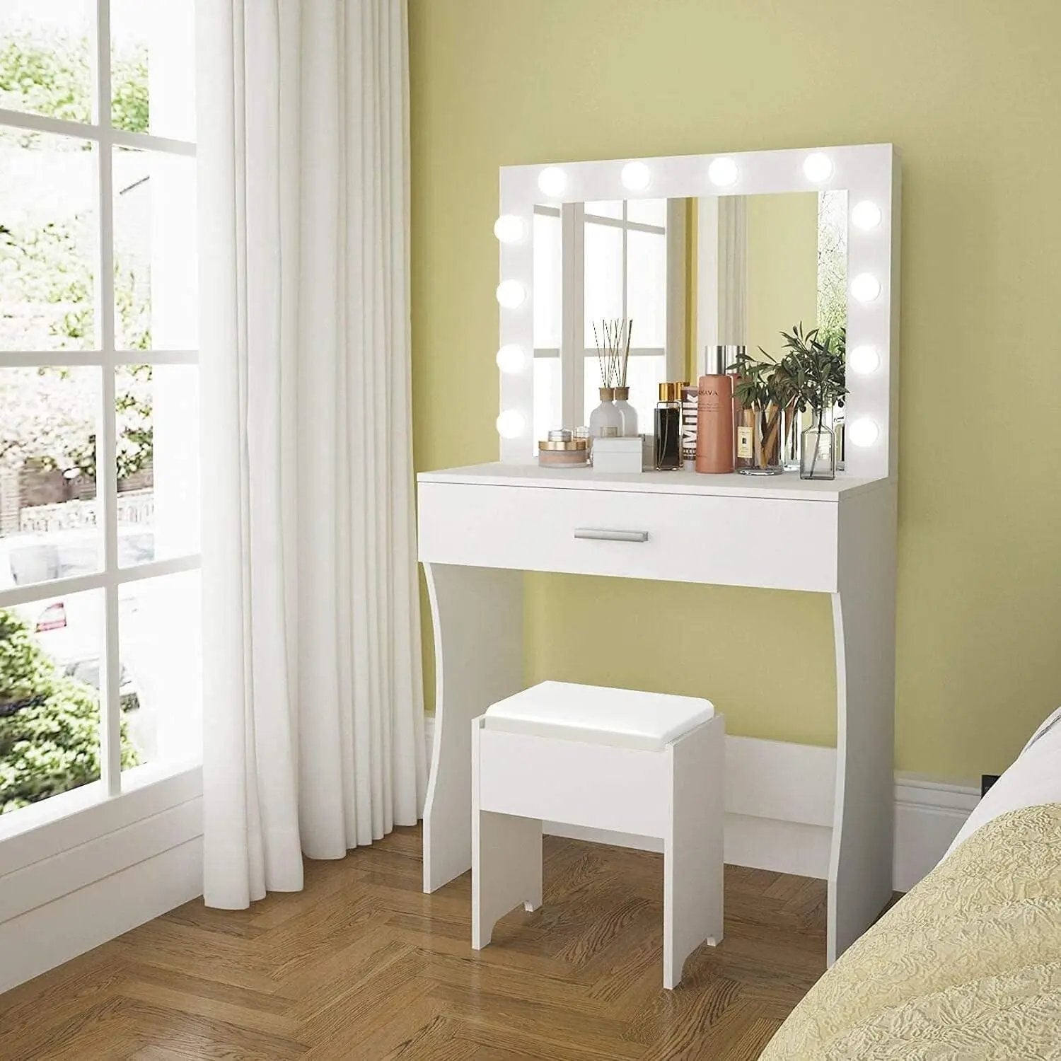 Vanity Table Set with Lighted Mirror - Makeup Vanity with Charging Station