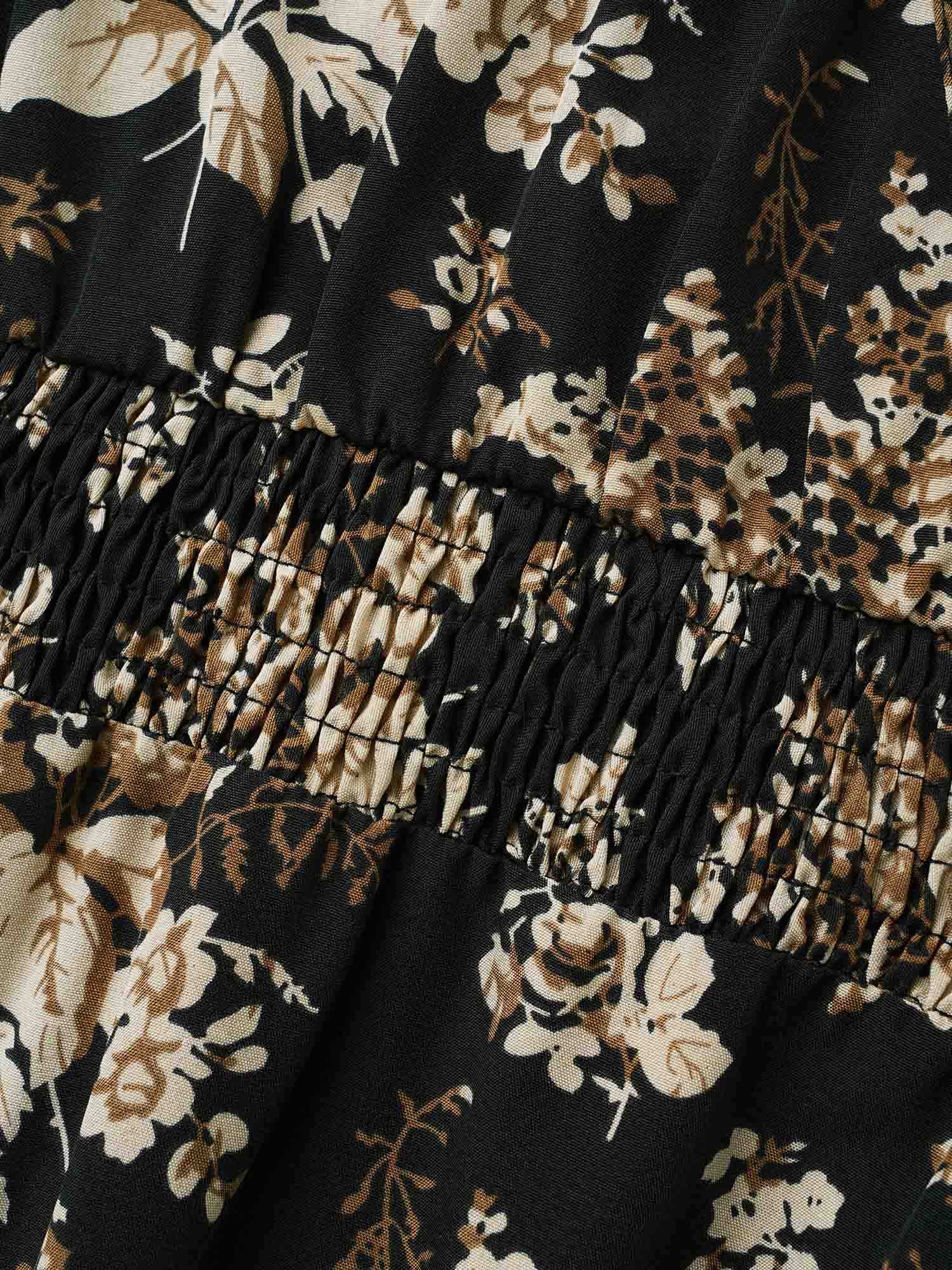 Floral Overlap Collar Shirred Midi Dress