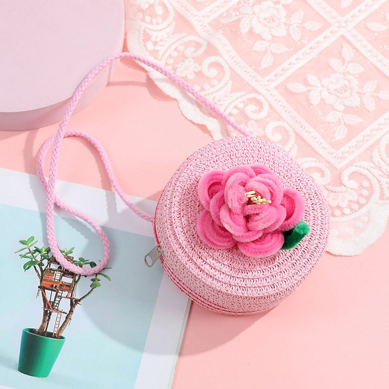 Women's Small Straw Solid Color Flower Vacation Beach Weave Round Zipper Straw Bag