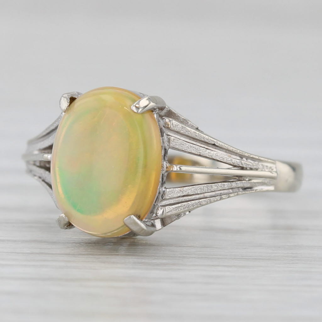 Rainbow Yellow Opal Solitaire Ring 14k White Gold Size 6.25