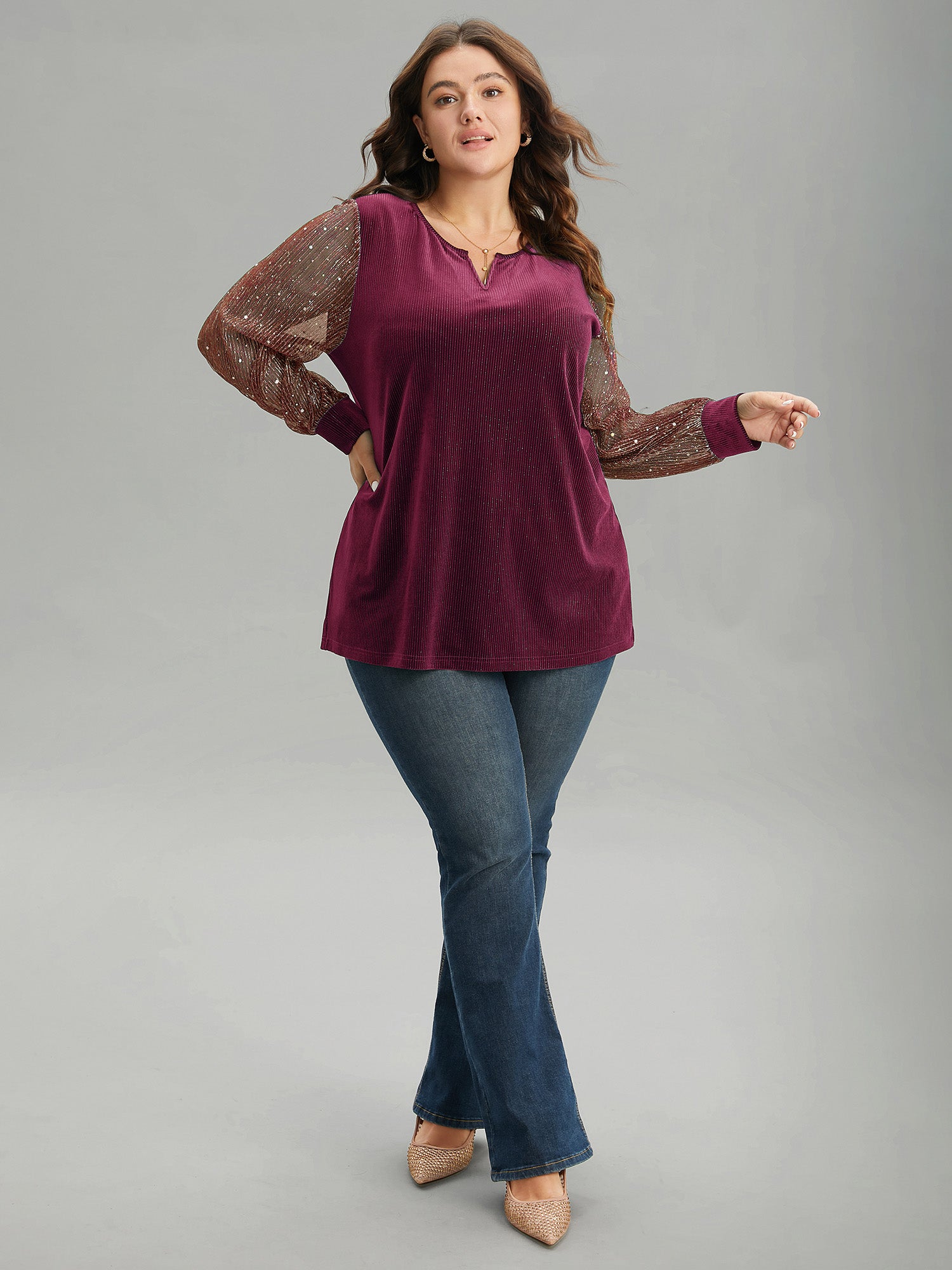 Velvet Patchwork Mesh Sequin Notched T-shirt