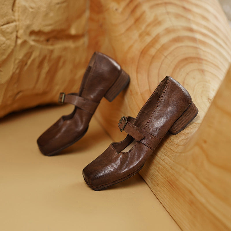 Elegant Square-Toe Horse Leather Mary Jane Shoes with Block Low Heel Buckle Apricot/Black/Brown