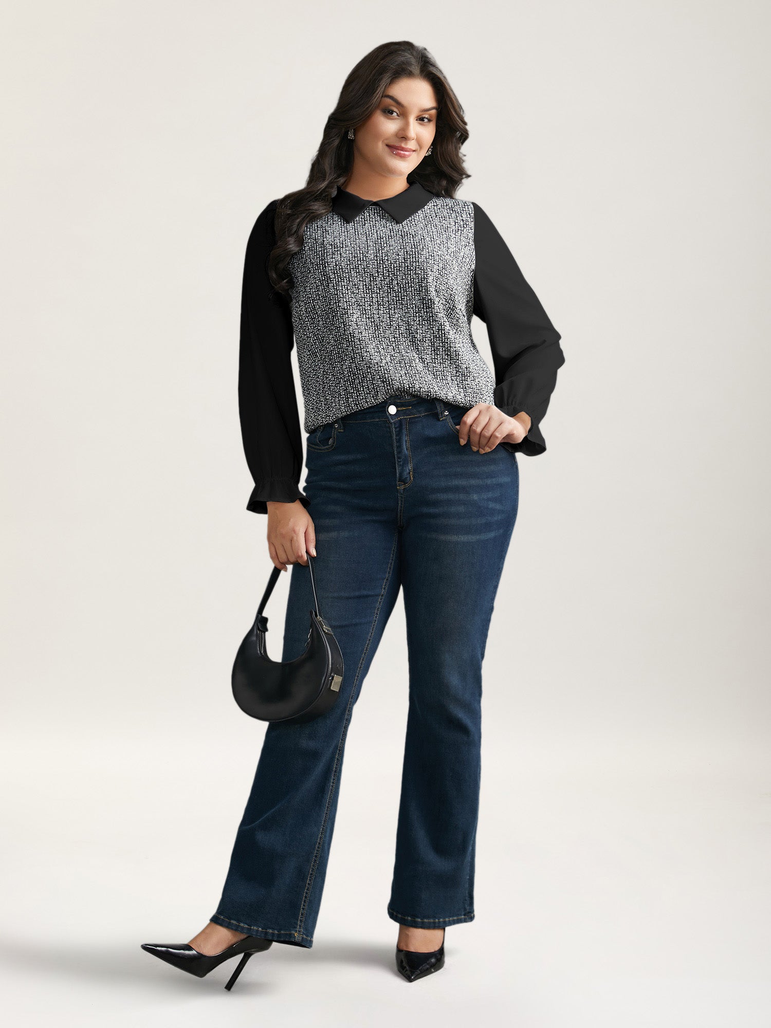 Tweed Patchwork Lantern Sleeve Blouse