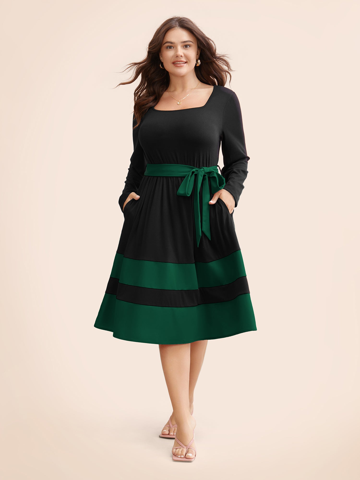 Two Tone Belted Bowknot Square Neck Dress