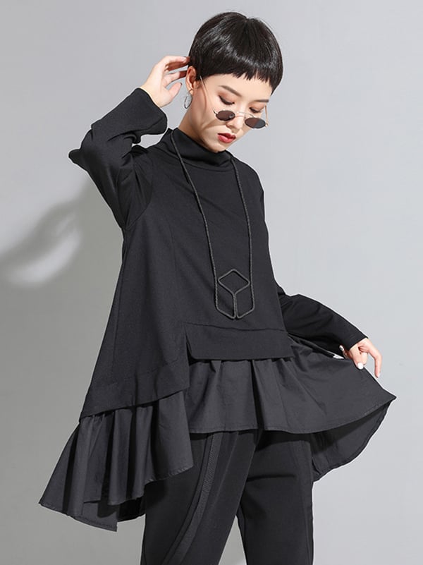 High-Low A-Line Falbala Split-Joint Split-Back High-Neck T-Shirts Tops