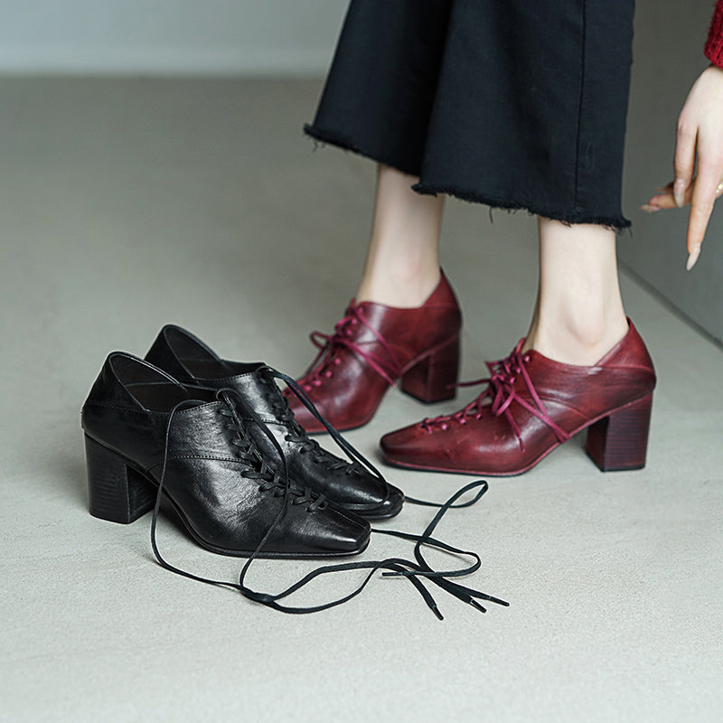 70mm Block Heel Washed Horsehide Leather Ballet-Inspired Lace-Up Pumps in Red/Black