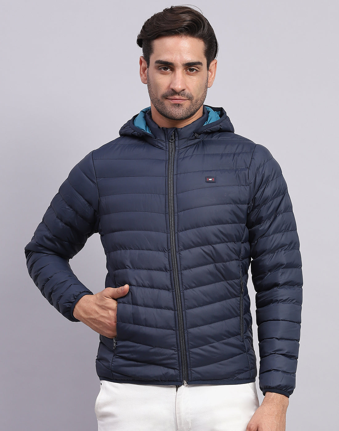 Men Navy Blue Solid Hooded Full Sleeve Jacket