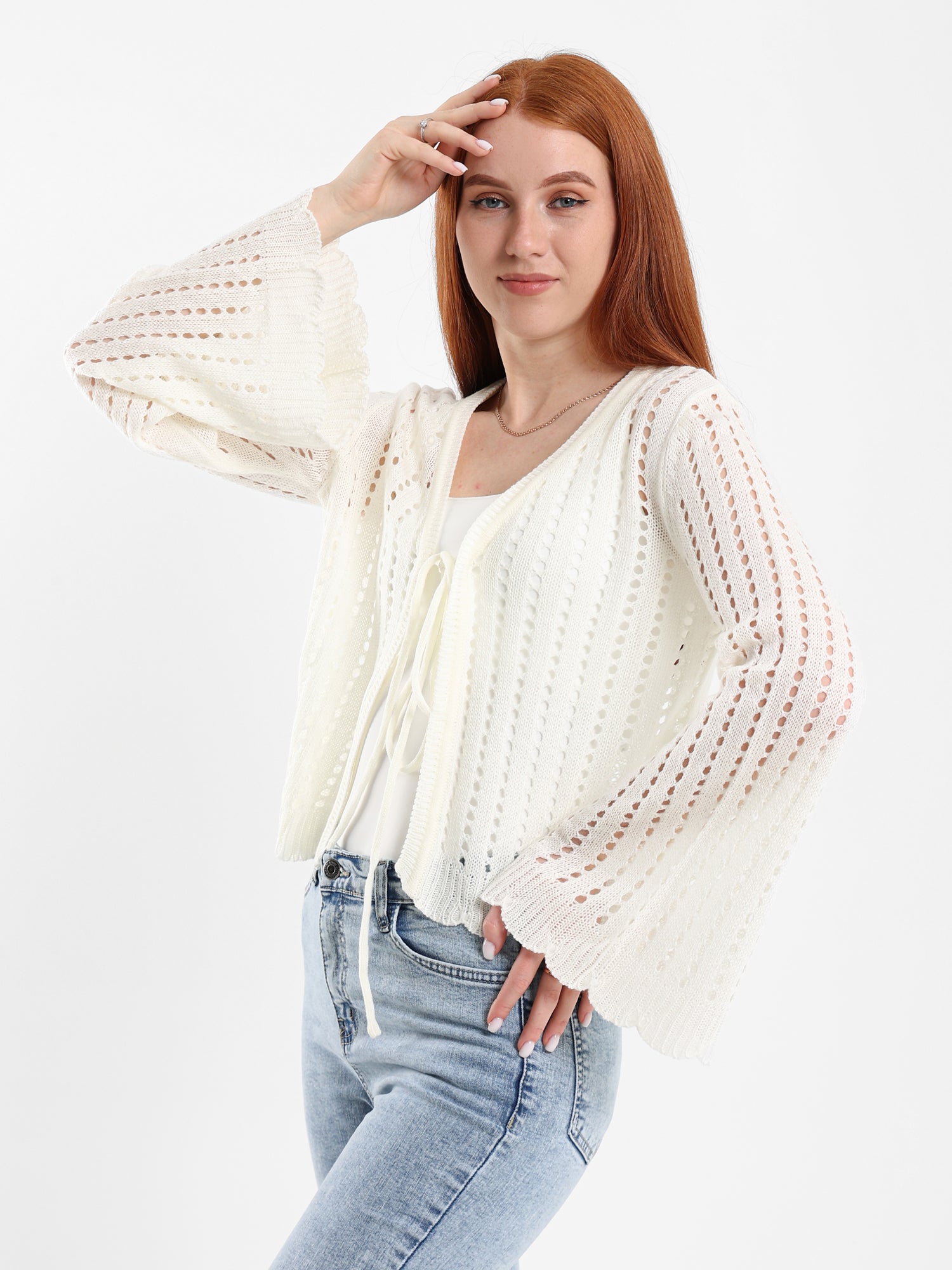 Cropped Openwork Tie-Front Cardigan