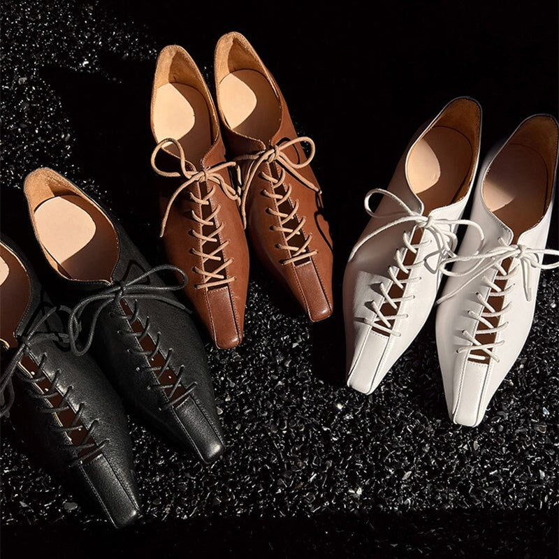 55mm Kitten Heel Cross Strap Horsehide Point Toe Oxford Tie Pumps in Beige/Black/Brown