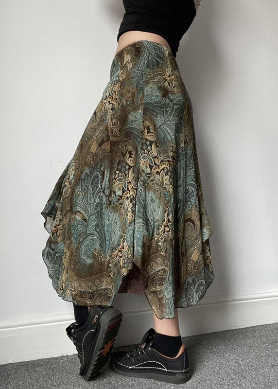 Vintage Green Print Lace Patchwork Skirts Summer