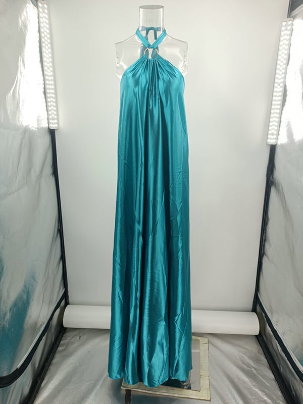 A-Line Loose Backless Solid Color Tied Halter-Neck Maxi Dresses