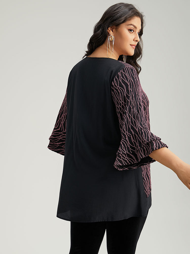 Lurex Layered Ruffle Sleeve Patchwork Blouse