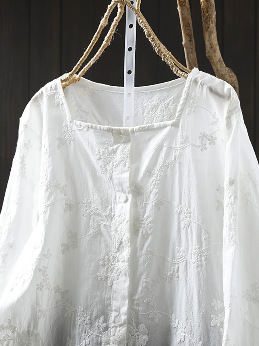 Women Artsy Embroidery Square Collar Shirt