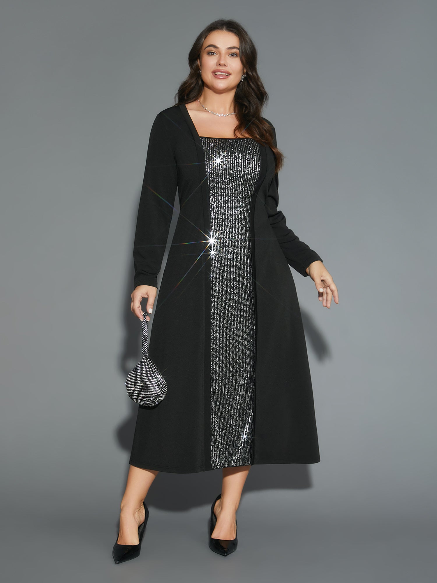 Sequin Patchwork Elastic Waist Midi Dress