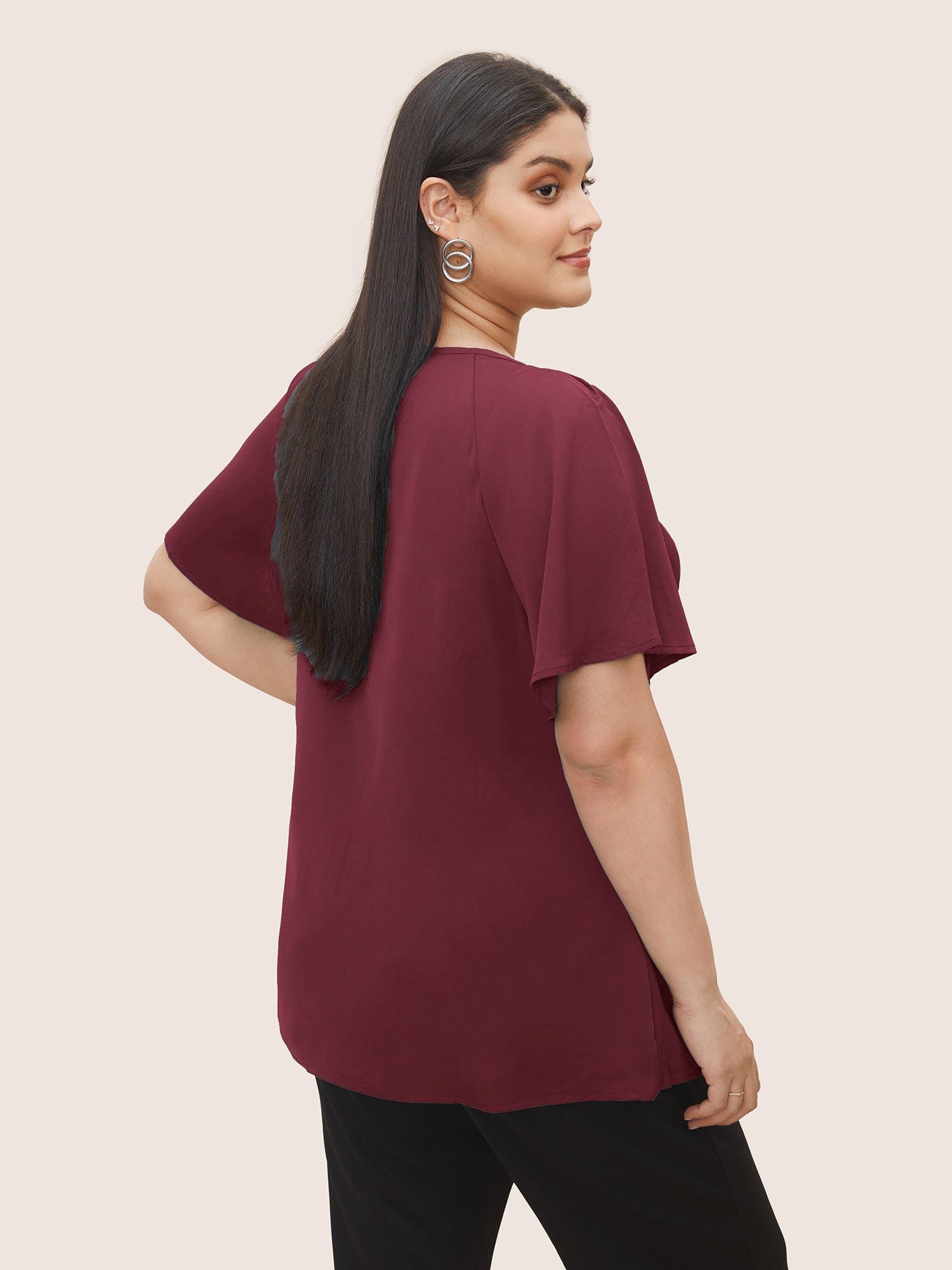 Plain Keyhole Knotted Front Ruffle Sleeve Blouse