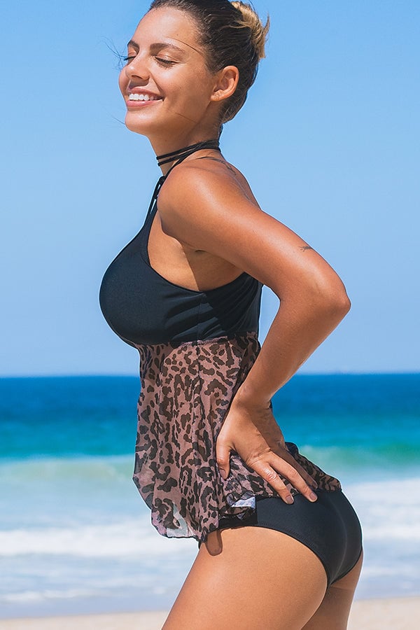 Mesh Patchwork Leopard Print Tankini Set
