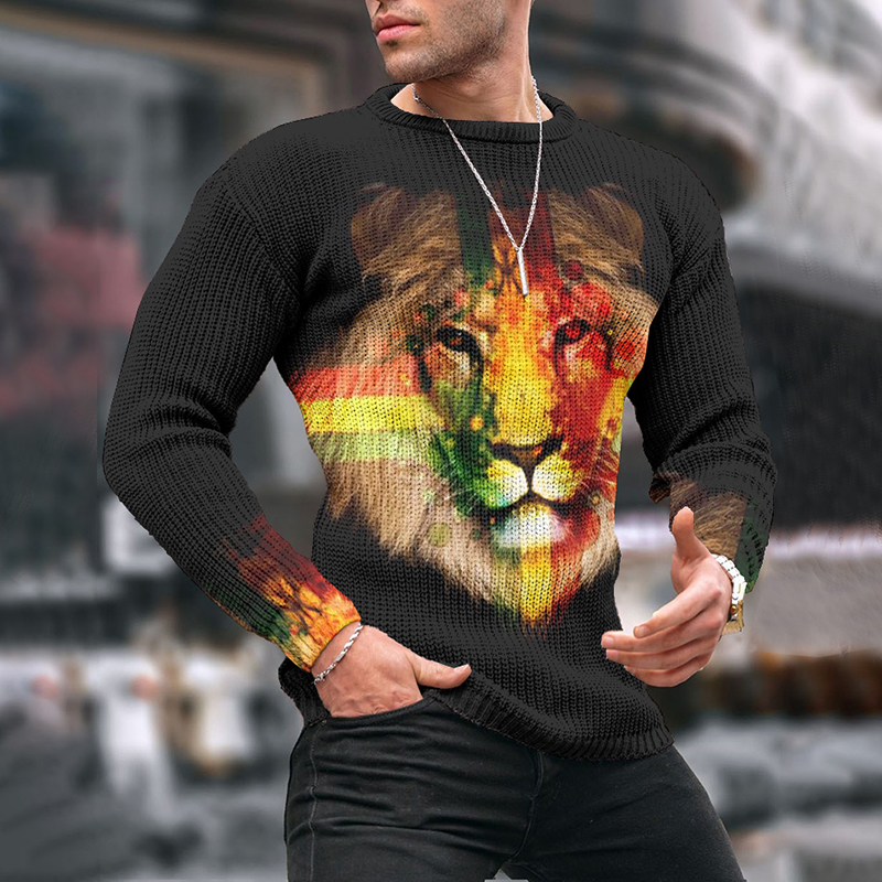 Gradient Lion Fashion Reggae Jacquard Iceland Crew Neck Sweater