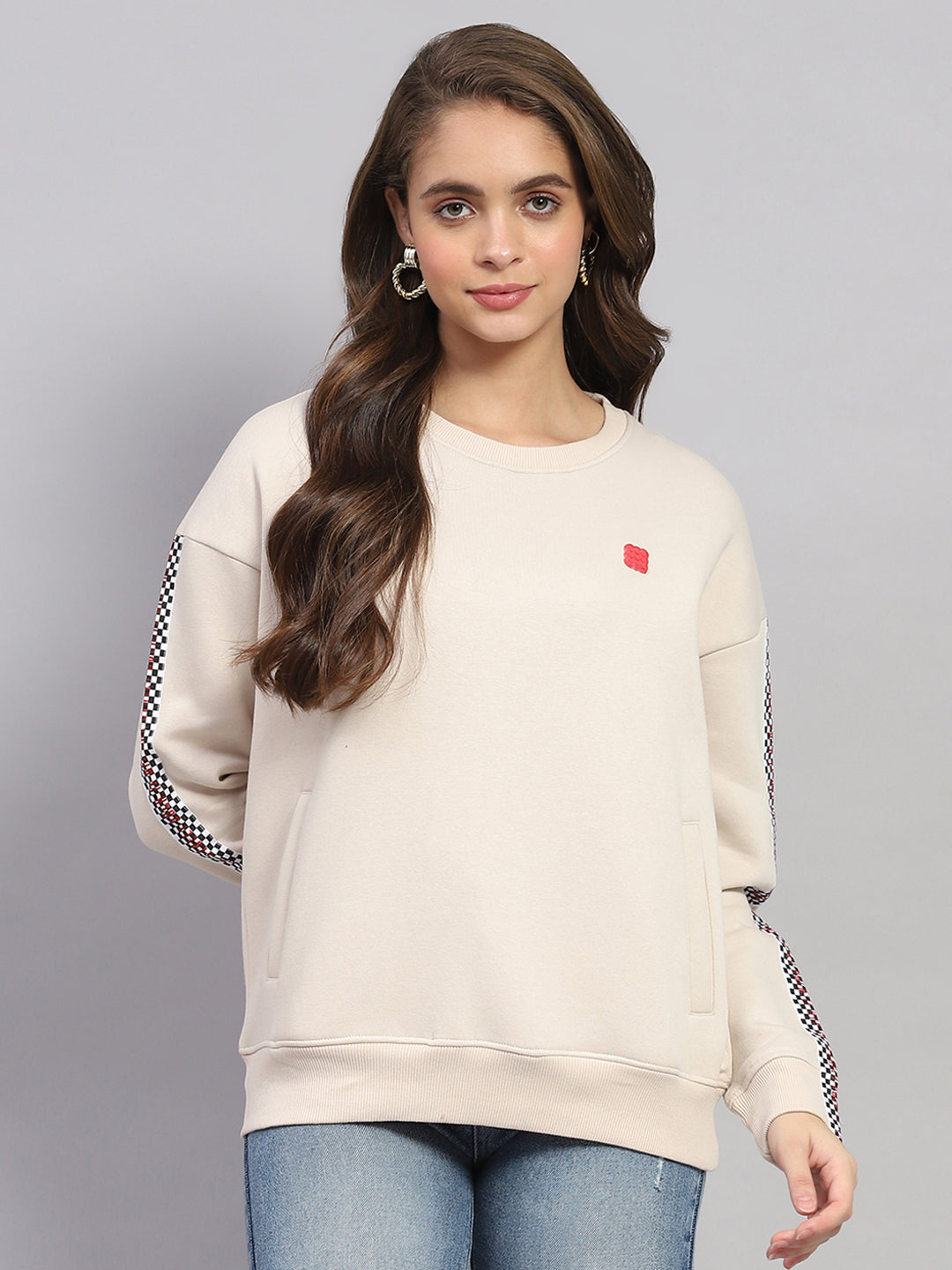 Women Beige Printed Round Neck Full Sleeve Sweatshirt