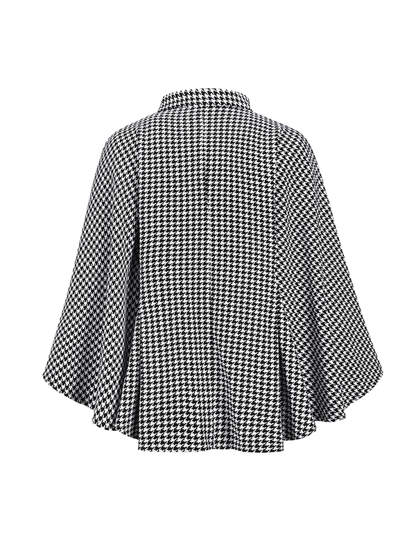 Batwing Sleeves Long Sleeves Houndstooth Tied Waist Stand Collar Cape Outerwear