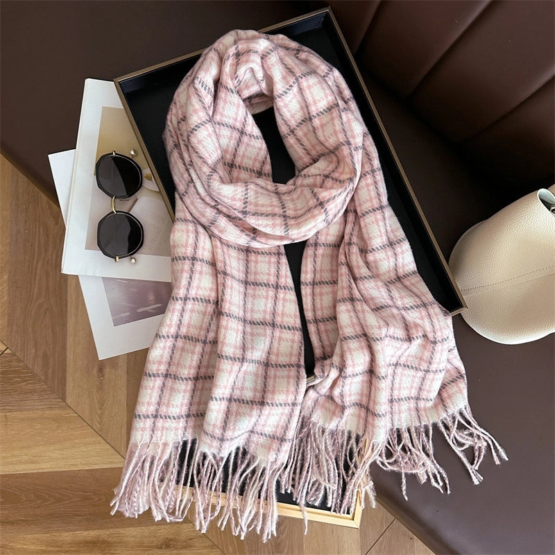 Retro Cashmere-like Plaid Warm Shawl Scarf Unisex Autumn And Winter Fashion All-Matching Tassel Scarf
