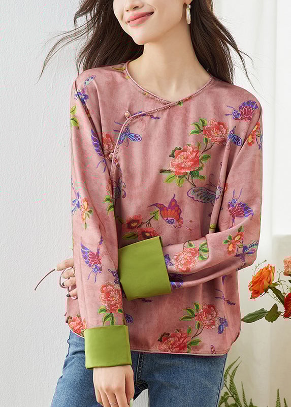 Vintage Plus Size Pink O Neck Print Shirt Top Spring