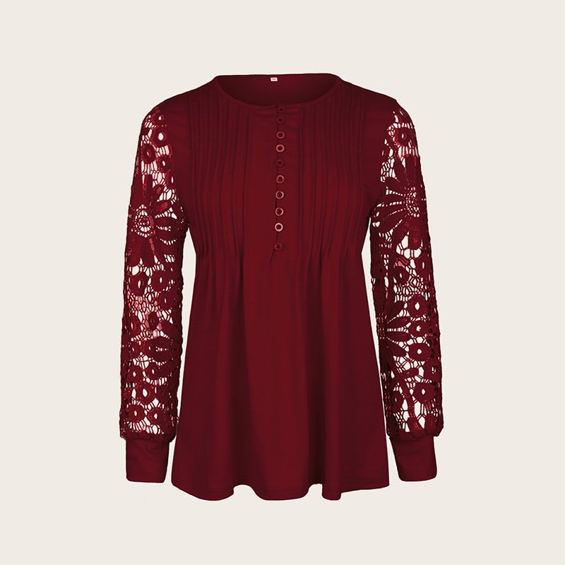 💥Sale 49% discount💕Blouse with floral pattern, long sleeve, V-neckline and lace