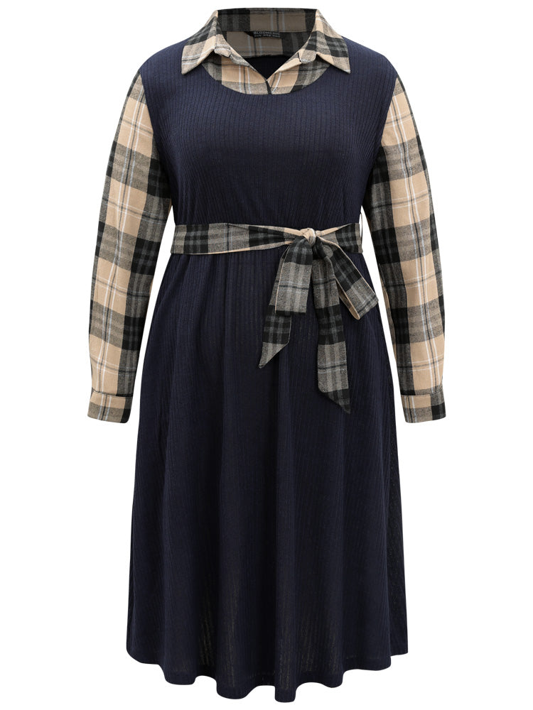 Plaid Patchwork Rib Knit Shirt Collar Belted Dress