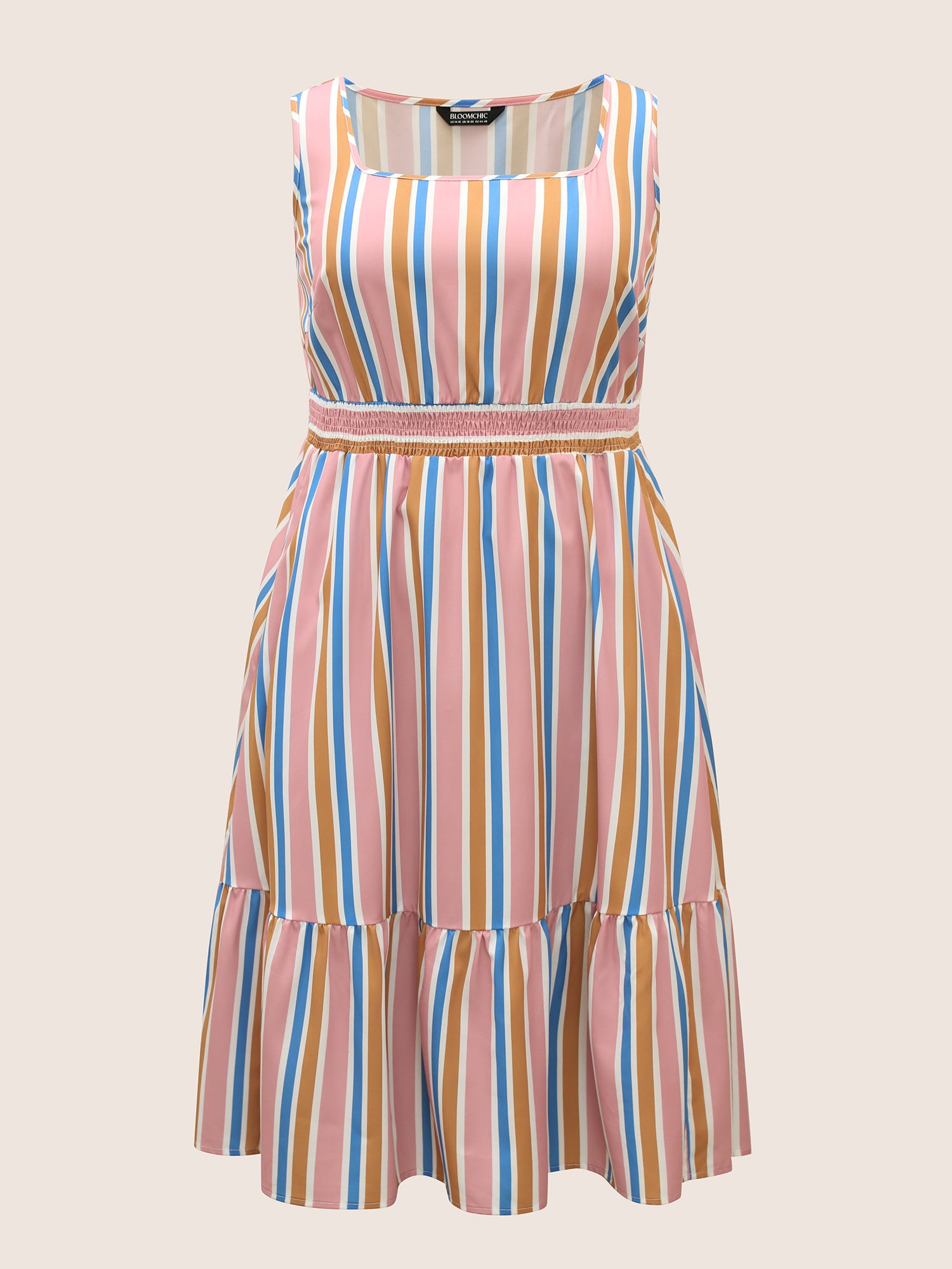 Contrast Striped Shirred Ruffle Hem Midi Dress