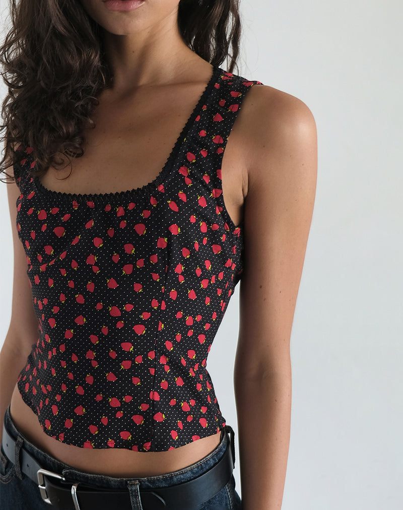 Carys Vest Top in Strawberry Polka Black