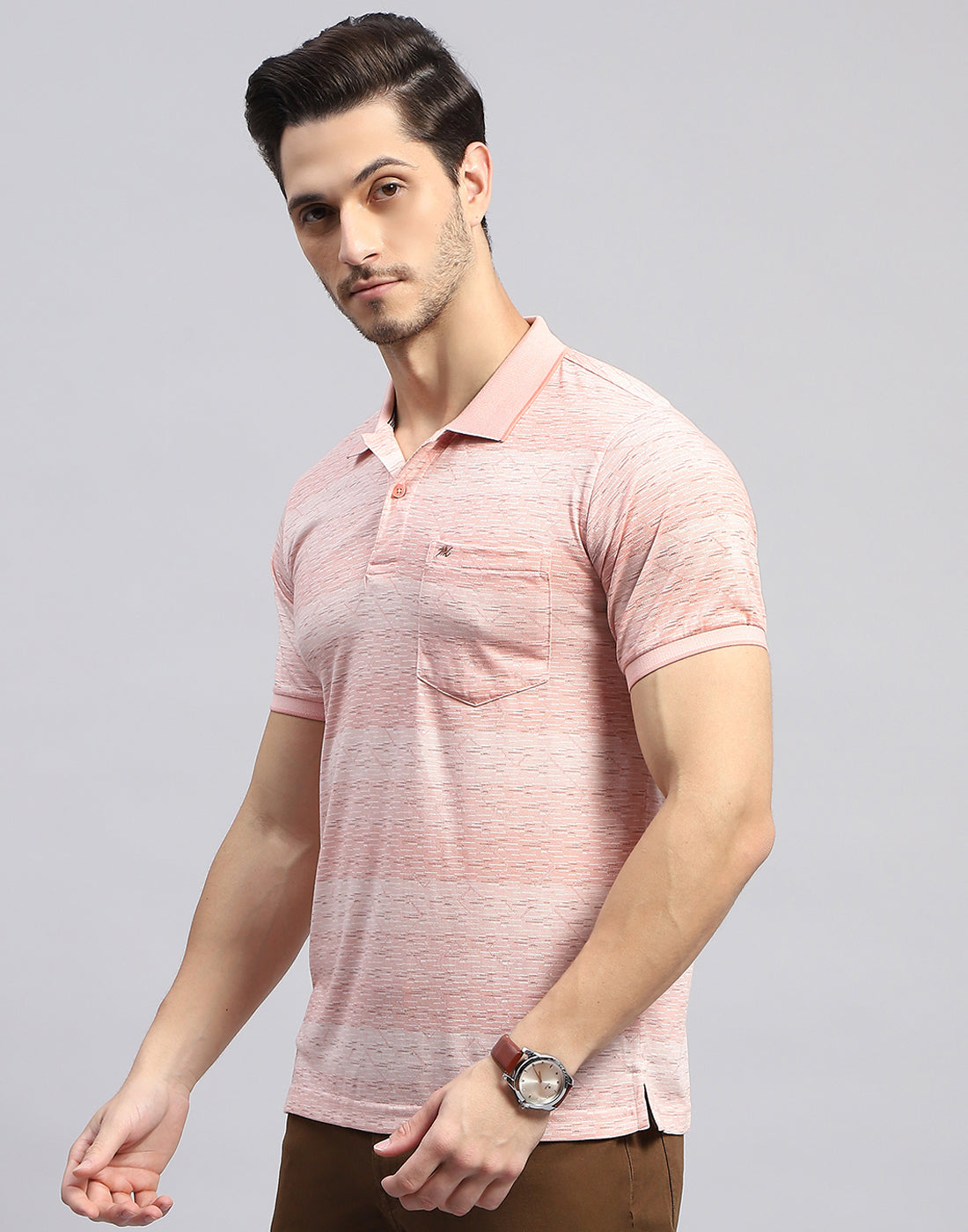 Men Pink Self Design Polo Collar Half Sleeve T-Shirt