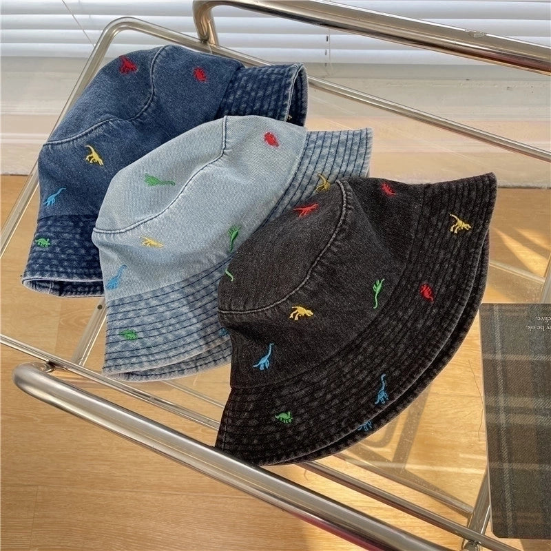 Women's Cute Basic Dinosaur Embroidery Wide Eaves Bucket Hat