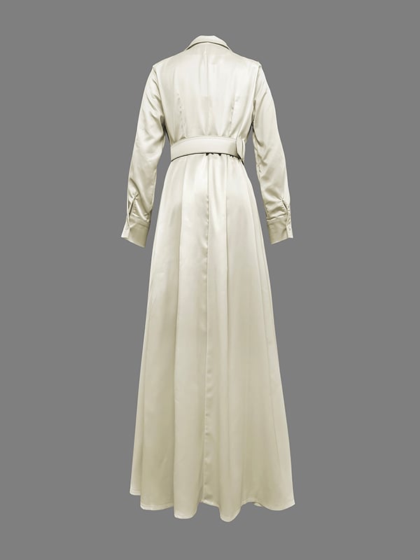 Long Sleeves Loose No Belt Solid Color Notched Collar Maxi Dresses