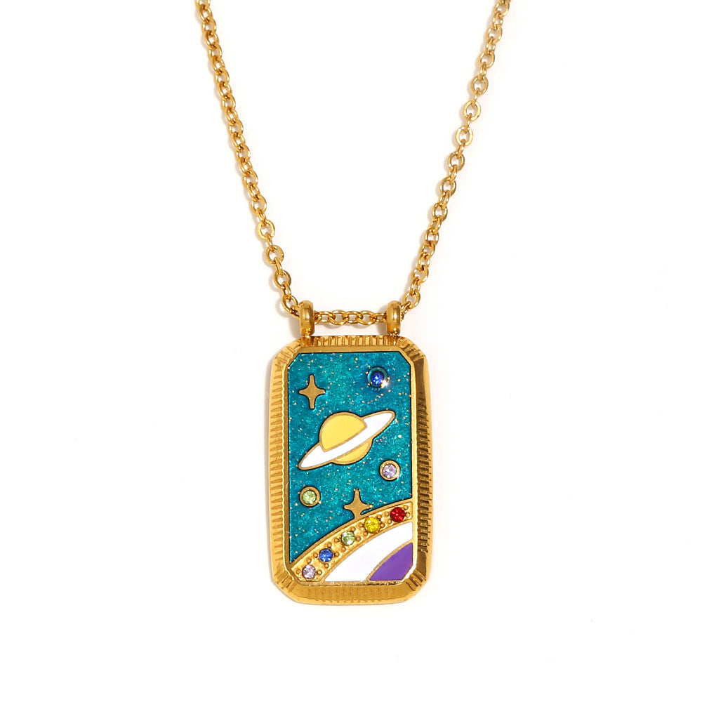 Ins Fashion Niche Geometric Square Retro Pendant Stainless Steel Plated 18K Gold Drop Oil Tarot Necklace Female