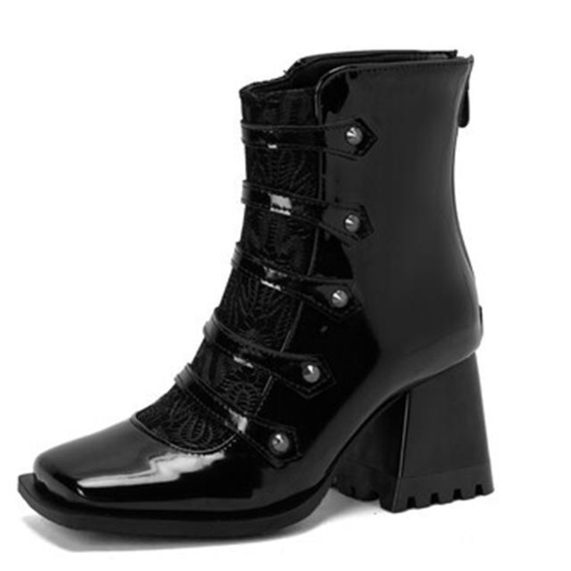Colorblock Button Decor Square Toe Chunky Heels Ankle Boots