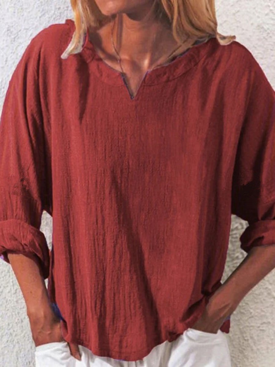 V-neck Casual Loose Solid Color Long-sleeved Blouse