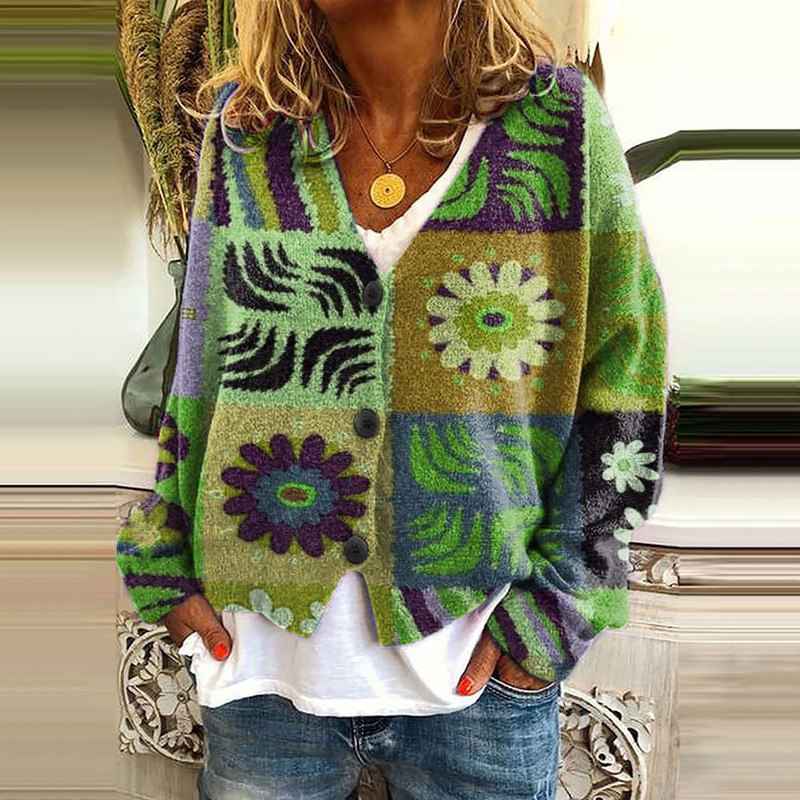 Vintage Printed V-Neck Long Sleeved Knitted Cardigan