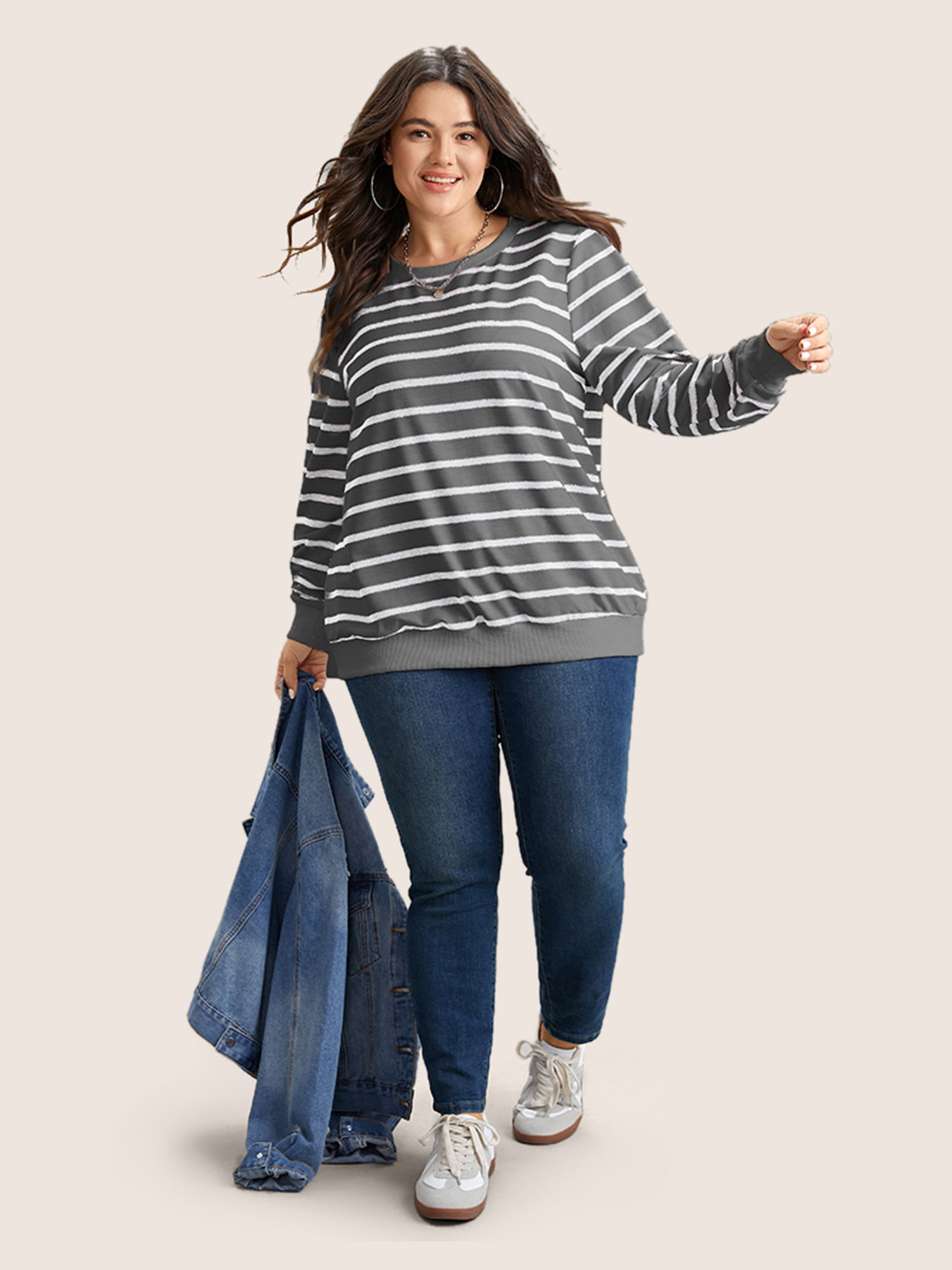 Rib Knit Striped Round Neck Sweatshirt