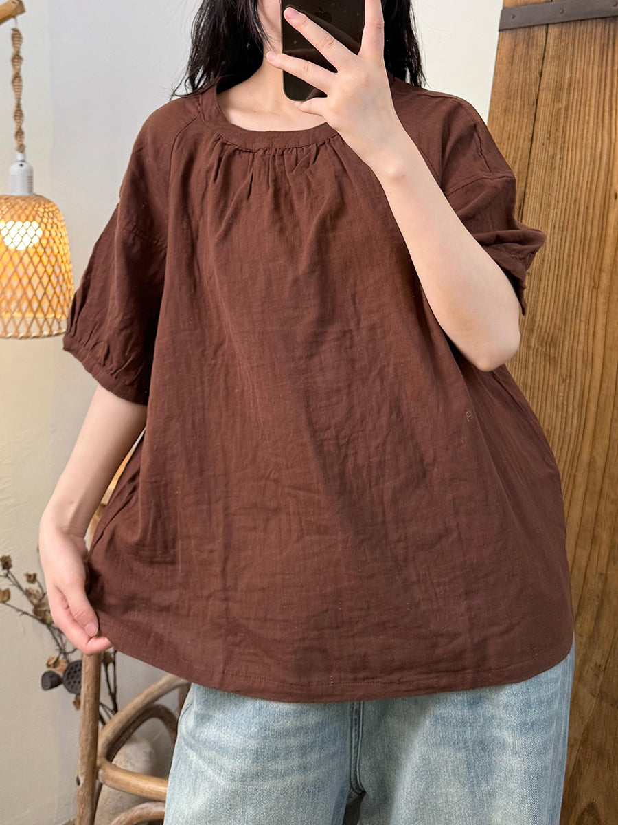 Women Summer Casual Pure Color Cotton O-Neck Shirt