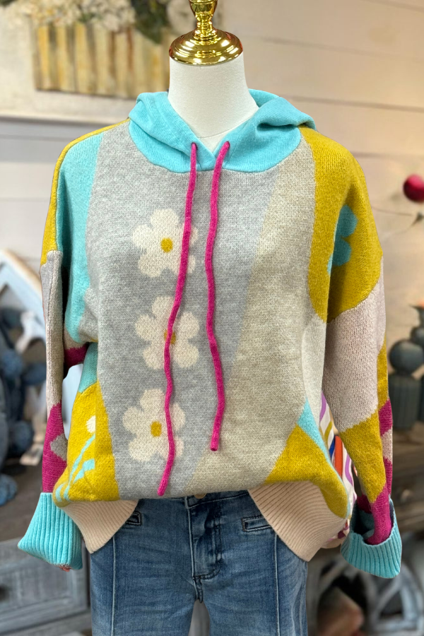 Floral Colorblock Hooded Sweater