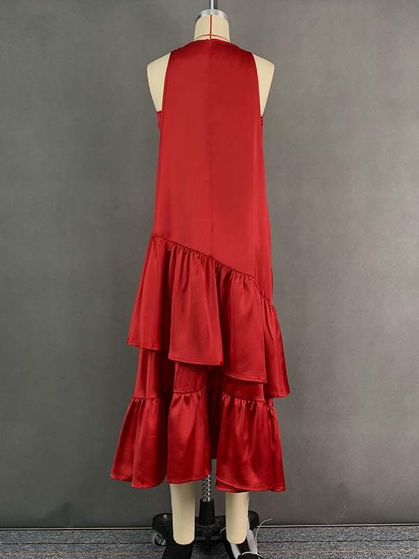 A-Line Loose Double Layered Pleated Solid Color Split-Joint Zipper Cold Shoulder Midi Dresses