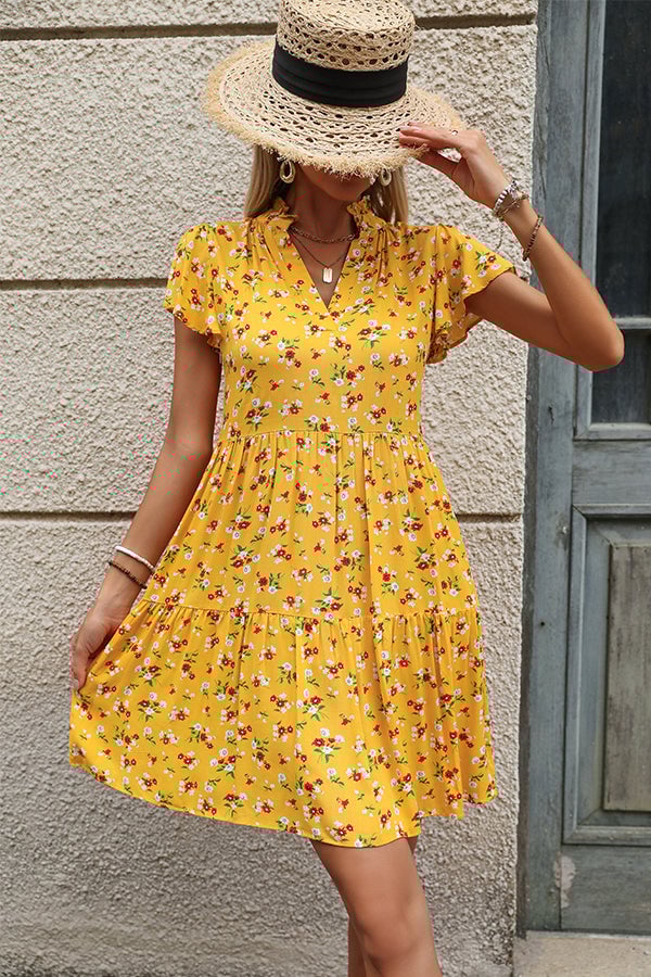 Fashion Floral Print V Neck Cute Mini Dress