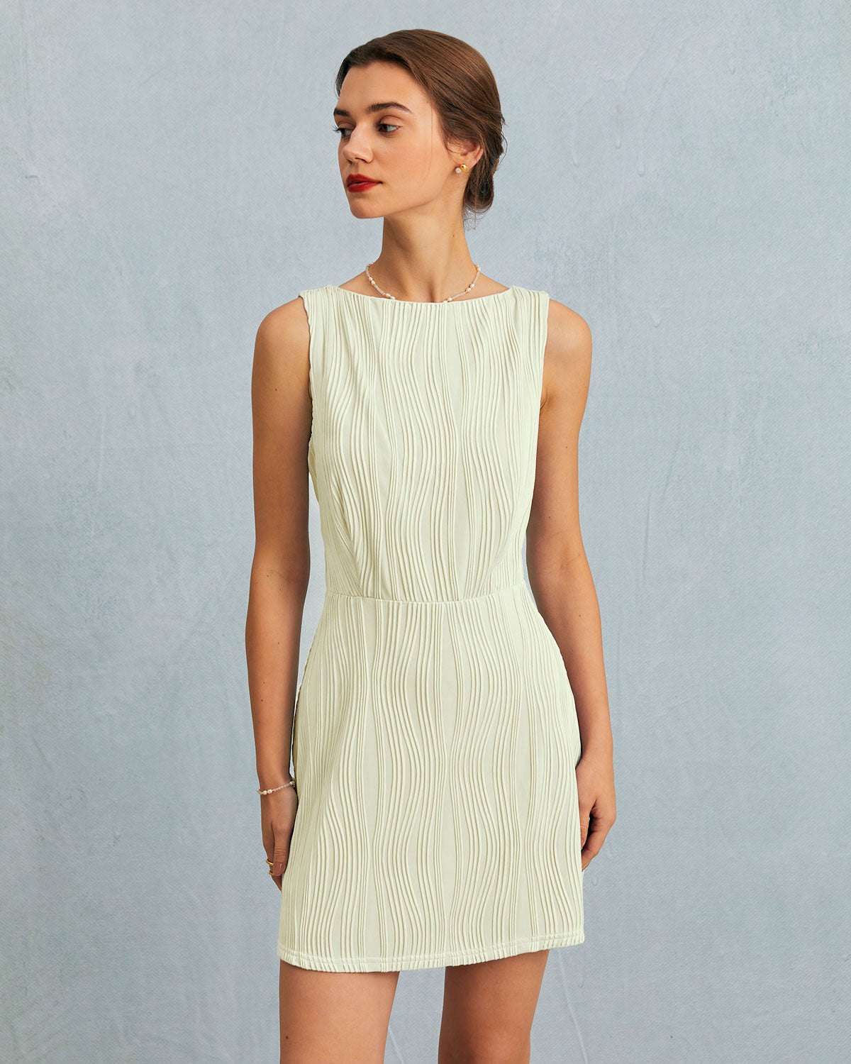 The Beige Water Ripple Textured Sleeveless Mini Dress