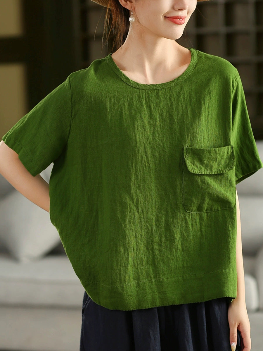 Women Summer Artsy Pure Color 100%Linen O-Neck Shirt